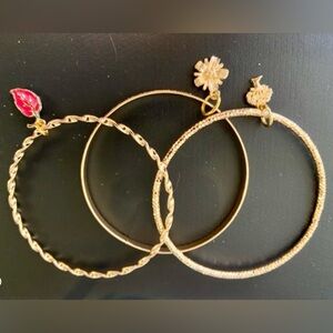 Gold-Tone Hoop Bracelet Set with Pink Leaf and Floral Charms
